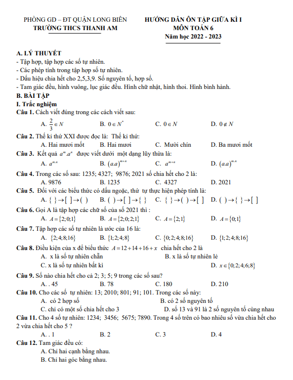 hướng dẫn ôn tập giữa kì 1 toán 6 năm 2022 – 2023 thcs thanh am – hà nội