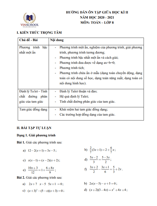 hướng dẫn ôn tập giữa kì 2 toán 8 năm 2020 – 2021 trường vinschool – hà nội