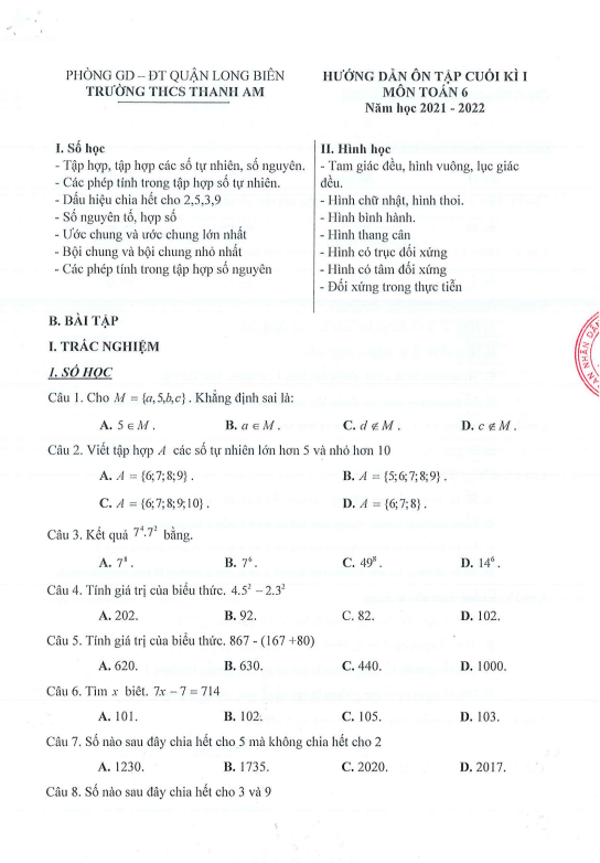 hướng dẫn ôn tập học kì 1 toán 6 năm 2021 – 2022 trường thcs thanh am – hà nội