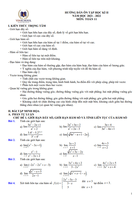 hướng dẫn ôn tập học kì 2 toán 11 năm 2021 – 2022 trường vinschool – hà nội