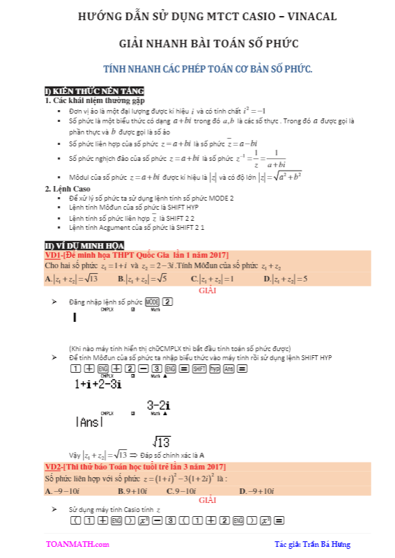 hướng dẫn sử dụng máy tính cầm tay giải nhanh bài toán số phức – trần bá hưng