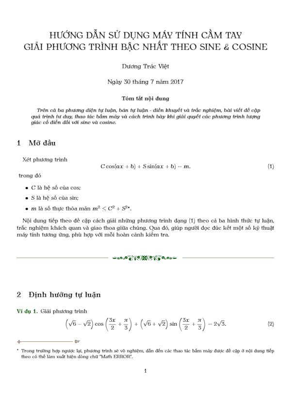 hướng dẫn sử dụng máy tính cầm tay giải phương trình bậc nhất theo sin và cos – dương trác việt