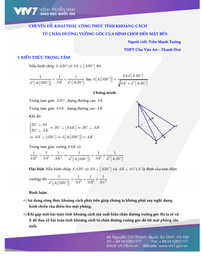khai thác công thức tính khoảng cách từ chân đường vuông góc của hình chóp đến mặt bên