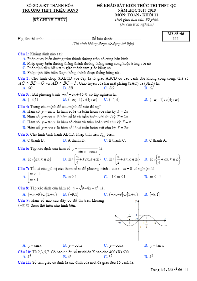 khảo sát kiến thức thi thpt quốc gia năm học 2017 – 2018 môn toán 11 trường triệu sơn 3 – thanh hóa