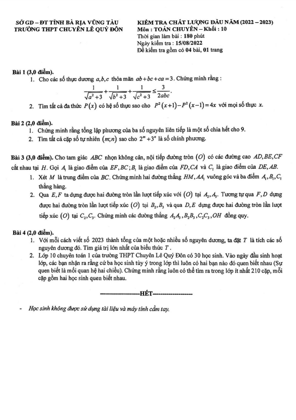 kiểm tra chất lượng toán 10 chuyên đầu năm 2022 – 2023 chuyên lê quý đôn – br vt