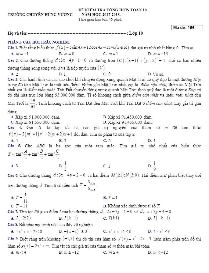 kiểm tra tổng hợp toán 10 năm 2017 – 2018 trường chuyên hùng vương – bình dương