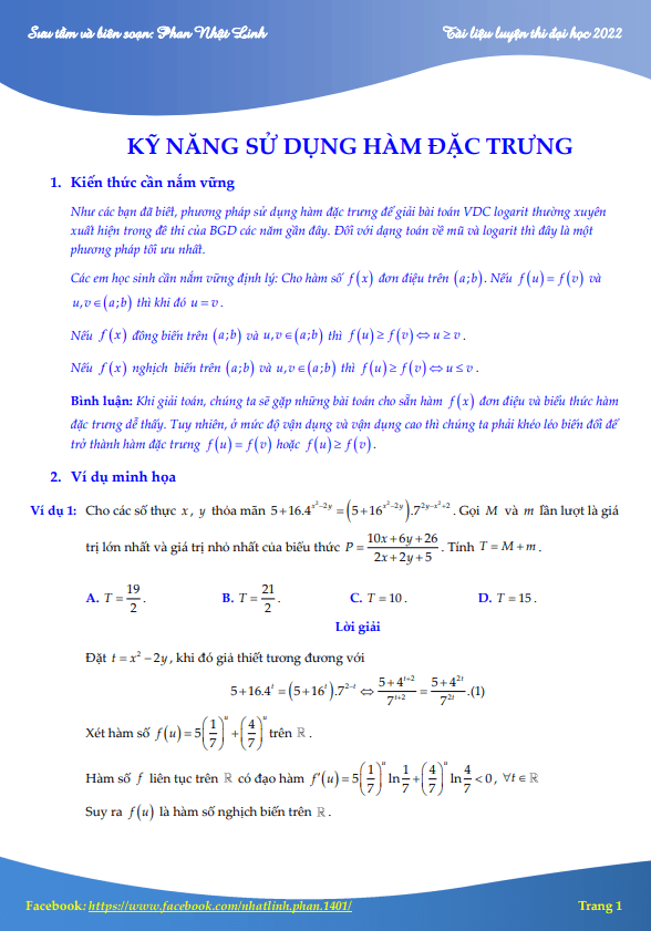 kỹ năng sử dụng hàm đặc trưng để giải bài toán vdc mũ – logarit