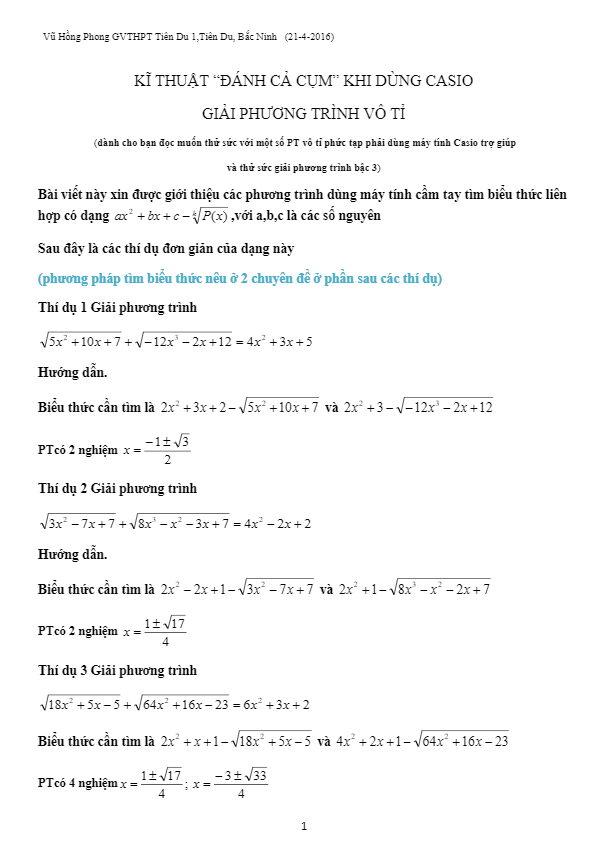 kỹ thuật ‘đánh cả cụm’ khi dùng casio giải phương trình vô tỉ – vũ hồng phong
