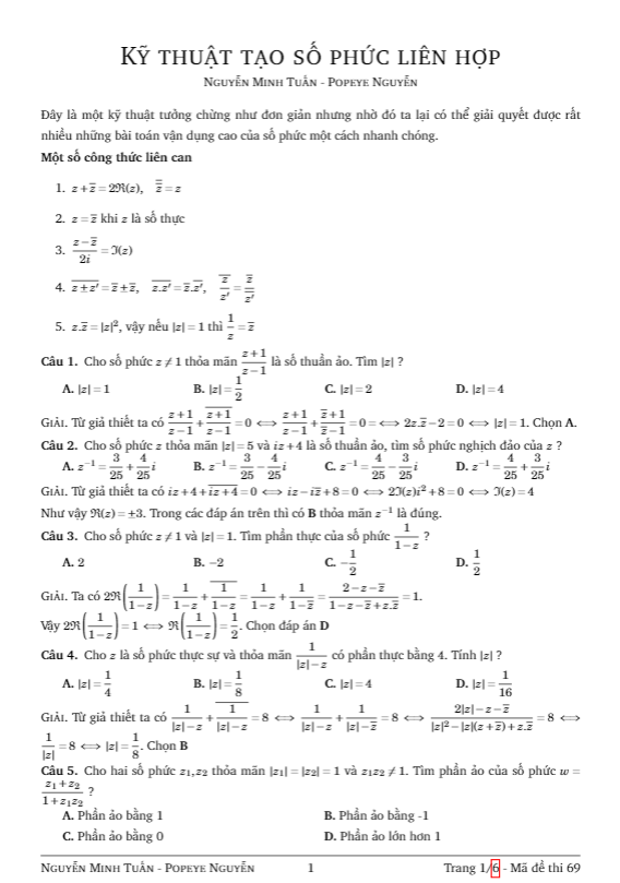 kỹ thuật tạo số phức liên hợp giải nhanh bài toán số phức vận dụng cao – nguyễn minh tuấn