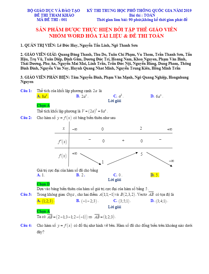 lời giải chi tiết đề tham khảo kỳ thi thpt quốc gia năm 2019 môn toán