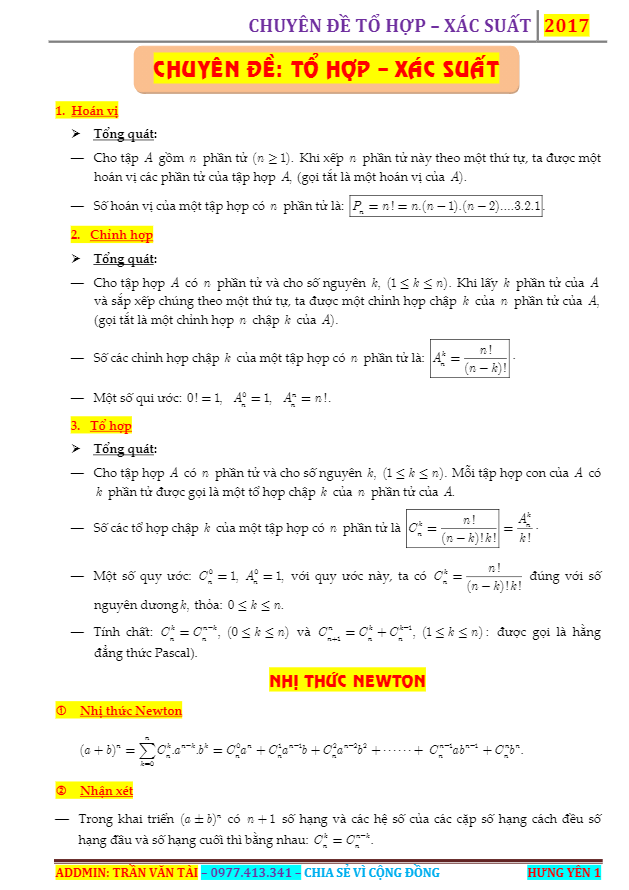 lý thuyết và bài tập trắc nghiệm chuyên đề tổ hợp – xác suất – trần văn tài