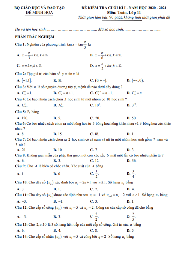 ma trận, bảng đặc tả kĩ thuật và đề minh họa kiểm tra cuối kì 1 toán 11