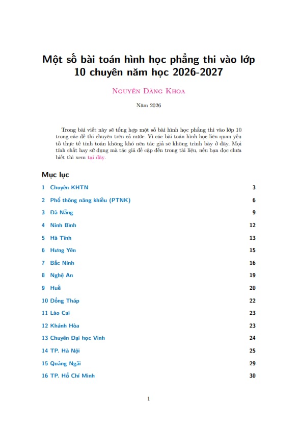 một số bài toán hình học phẳng thi vào lớp 10 chuyên năm học 2026 – 2027