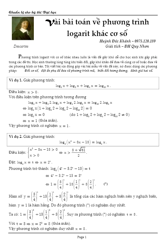 một số bài toán phương trình logarit khác cơ số – huỳnh đức khánh – đại học quy nhơn