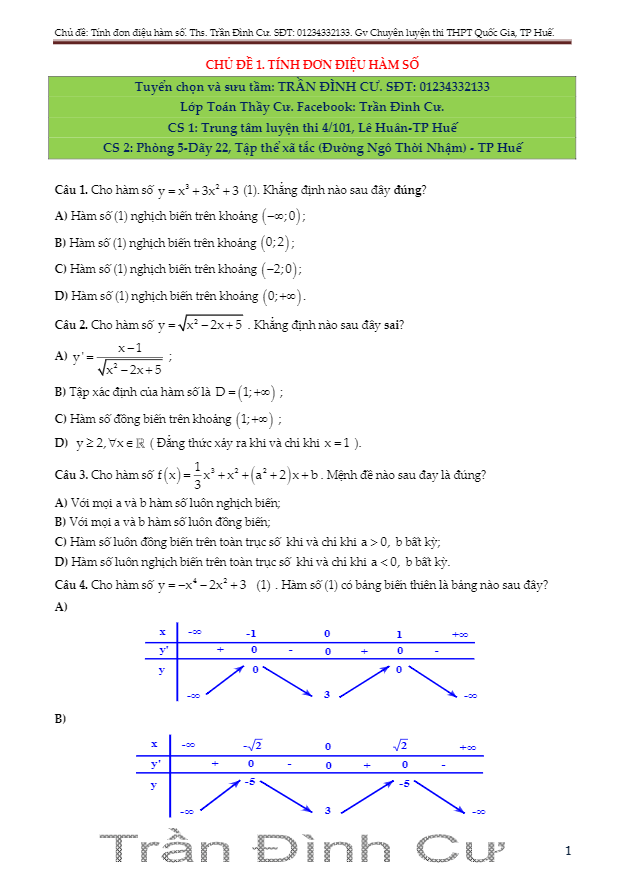 một số bài toán trắc nghiệm chọn lọc chuyên đề hàm số – trần đình cư