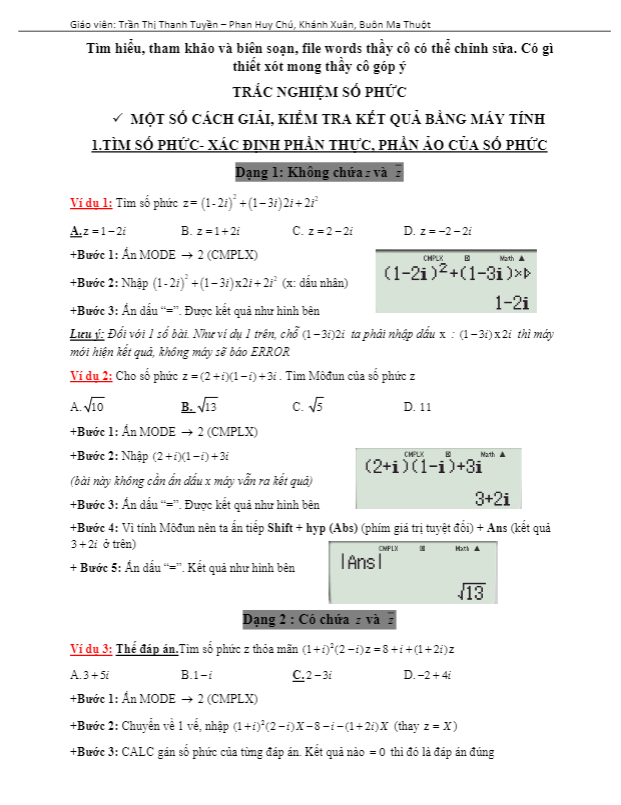 một số cách giải và kiểm tra kết quả bài tập số phức bằng máy tính cầm tay casio – trần thanh tuyền