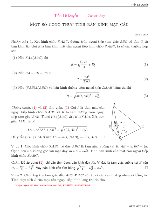 một số công thức tính bán kính mặt cầu – trần lê quyền