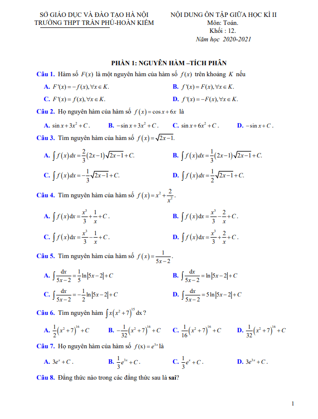 nội dung ôn tập giữa hk2 toán 12 năm 2020 – 2021 trường trần phú – hà nội