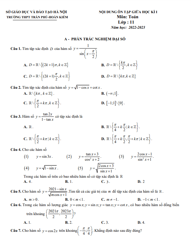 nội dung ôn tập giữa kì 1 toán 11 năm 2022 – 2023 trường thpt trần phú – hà nội