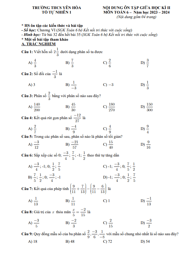 nội dung ôn tập giữa kì 2 toán 6 năm 2023 – 2024 trường thcs yên hòa – hà nội