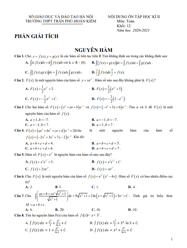 nội dung ôn tập hk2 toán 12 năm 2020 – 2021 trường thpt trần phú – hà nội