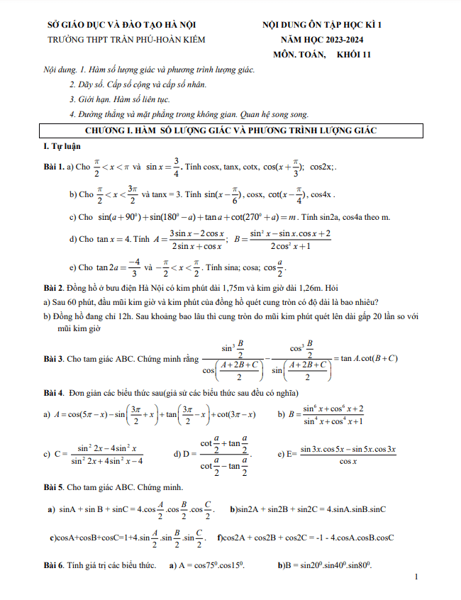 nội dung ôn tập học kì 1 toán 11 năm 2023 – 2024 trường thpt trần phú – hà nội
