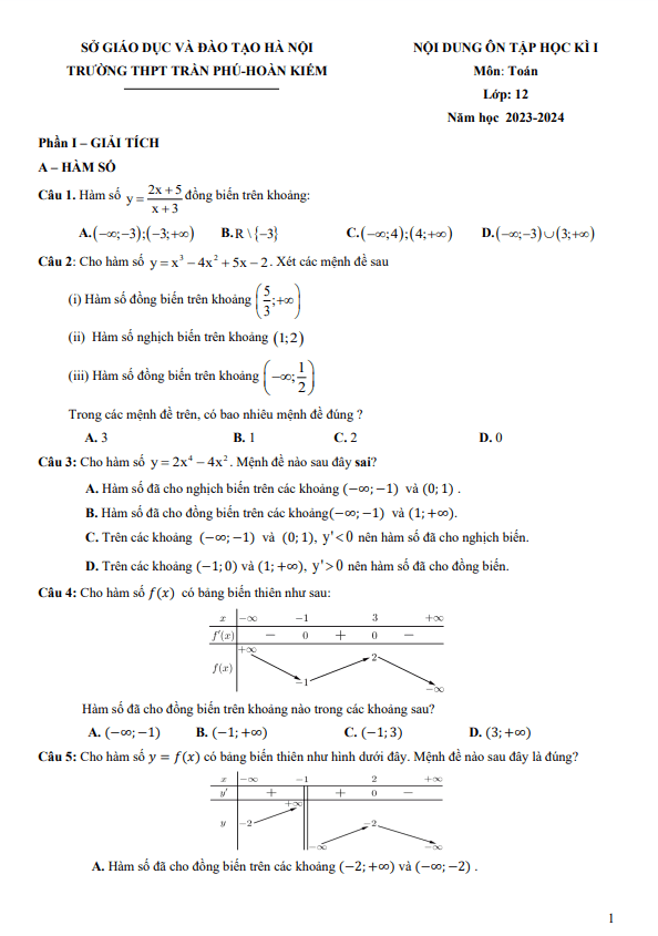 nội dung ôn tập học kì 1 toán 12 năm 2023 – 2024 trường thpt trần phú – hà nội