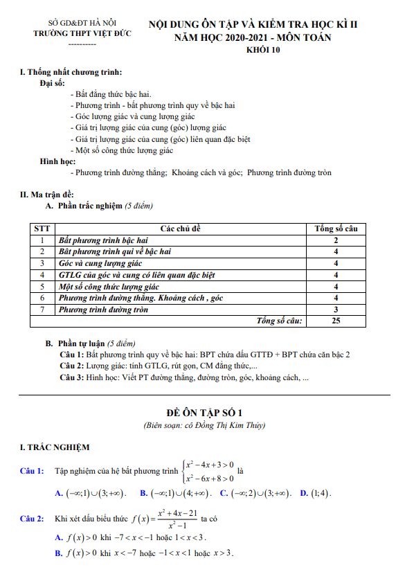 nội dung ôn tập học kì 2 toán 10 năm 2020 – 2021 trường thpt việt đức – hà nội