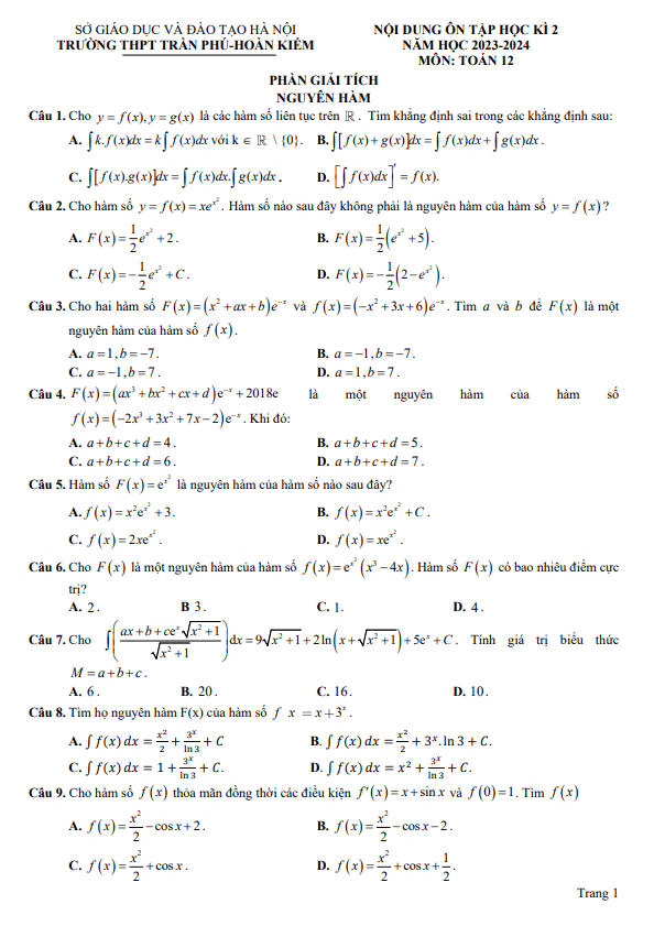 nội dung ôn tập học kì 2 toán 12 năm 2023 – 2024 trường thpt trần phú – hà nội