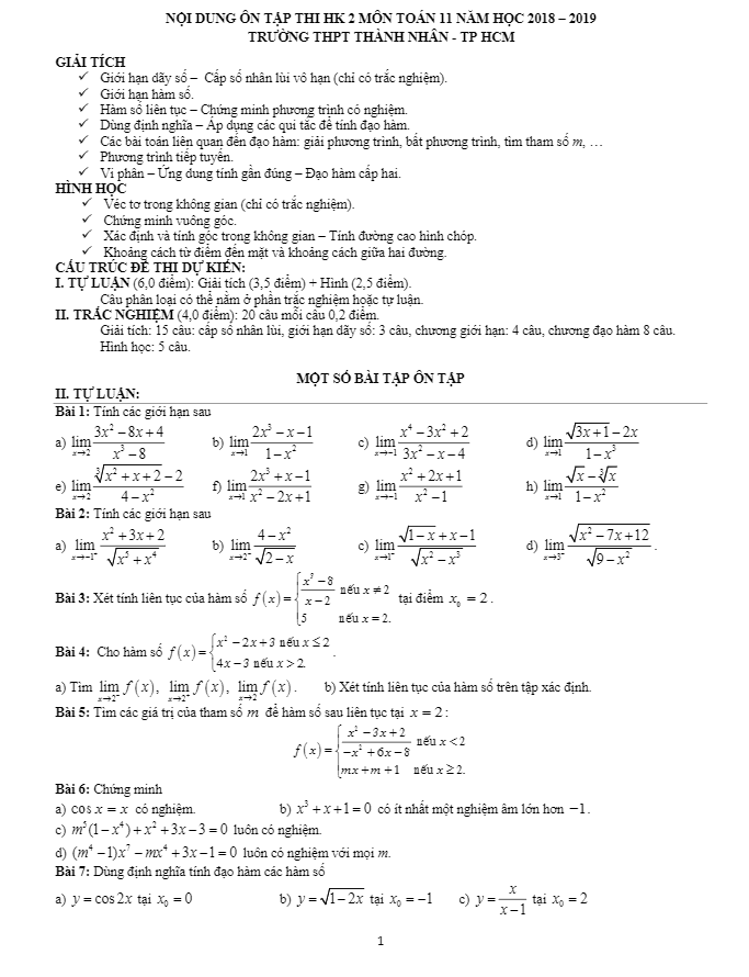 nội dung ôn tập thi hk2 toán 11 năm 2018 – 2019 trường thành nhân – tp hcm