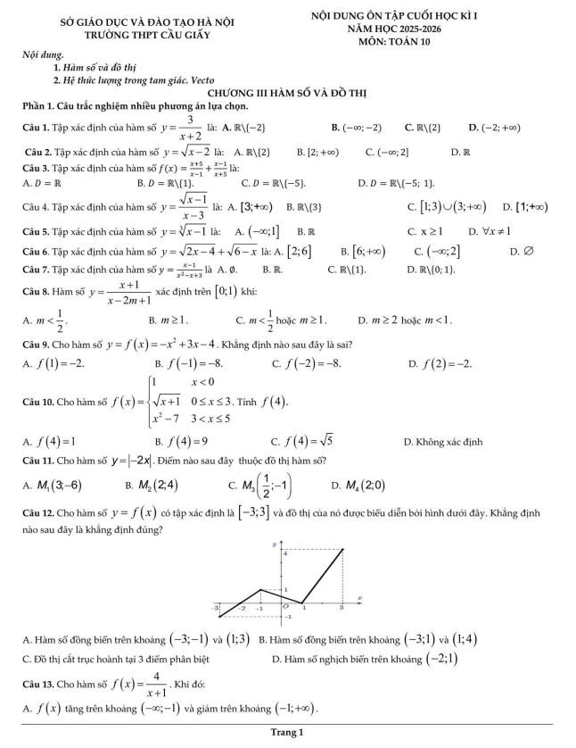 ôn tập cuối học kì 1 toán 10 năm 2025 – 2026 trường thpt cầu giấy – hà nội
