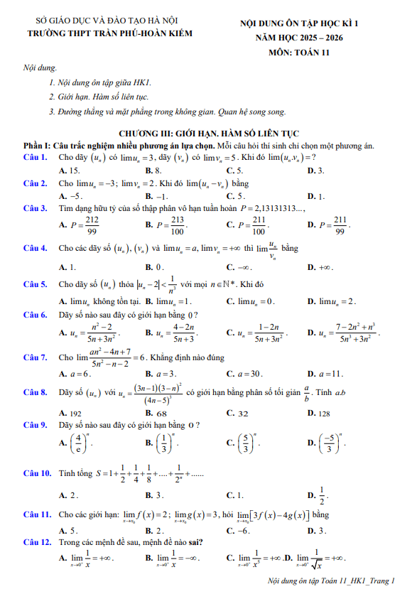 ôn tập cuối học kì 1 toán 11 năm 2025 – 2026 trường thpt trần phú – hà nội