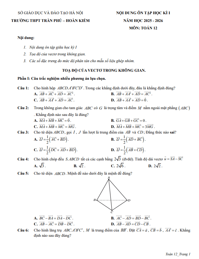 ôn tập cuối học kì 1 toán 12 năm 2025 – 2026 trường thpt trần phú – hà nội