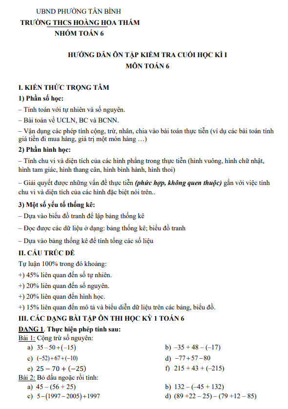 ôn tập cuối học kì 1 toán 6 năm 2025 – 2026 trường thcs hoàng hoa thám – tp hcm