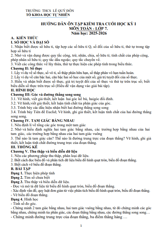 ôn tập cuối học kì 1 toán 7 năm 2025 – 2026 trường thcs lê quý đôn – phú thọ