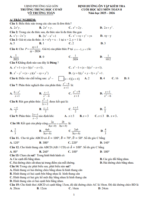 ôn tập cuối học kì 1 toán 8 năm 2025 – 2026 trường thcs võ trường toản – tp hcm