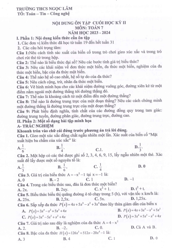 ôn tập cuối học kì 2 toán 7 năm 2023 – 2024 trường thcs ngọc lâm – hà nội