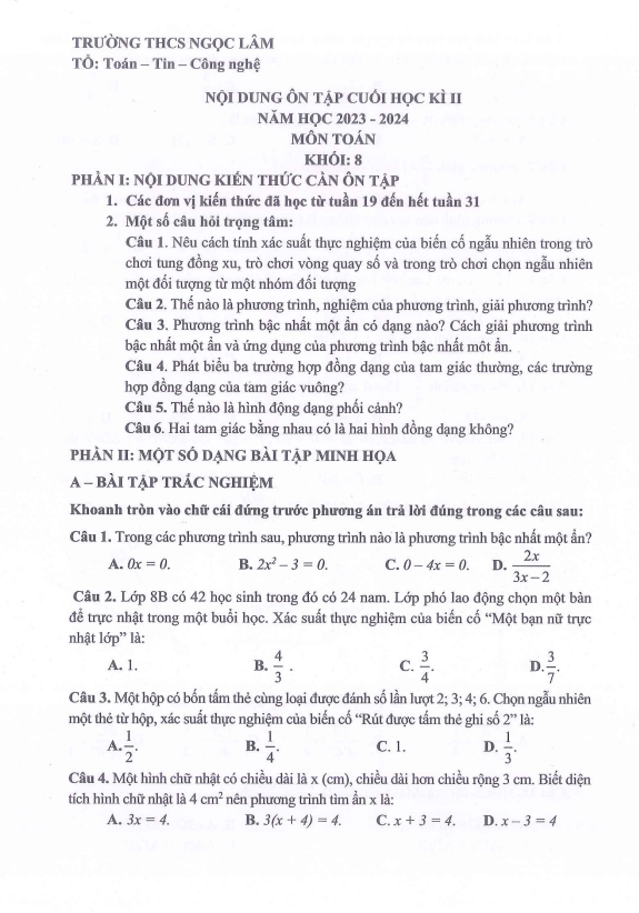 ôn tập cuối học kì 2 toán 8 năm 2023 – 2024 trường thcs ngọc lâm – hà nội