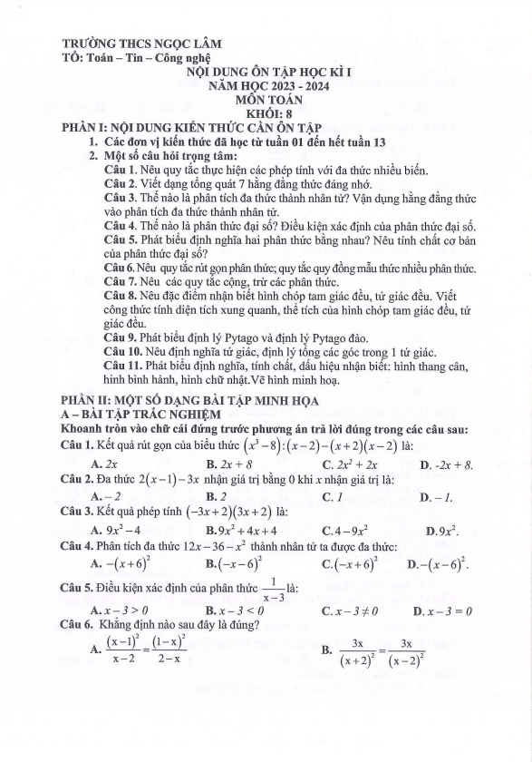 ôn tập cuối học kỳ 1 toán 8 năm 2023 – 2024 trường thcs ngọc lâm – hà nội