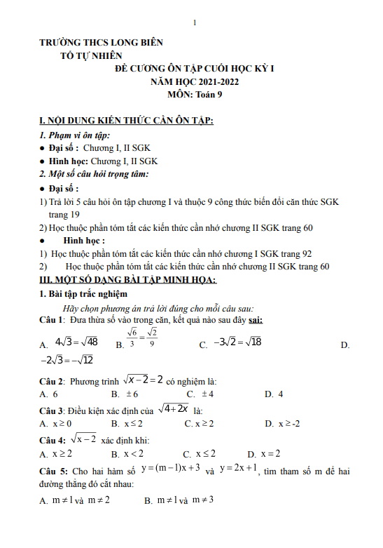 ôn tập cuối học kỳ 1 toán 9 năm 2021 – 2022 trường thcs long biên – hà nội