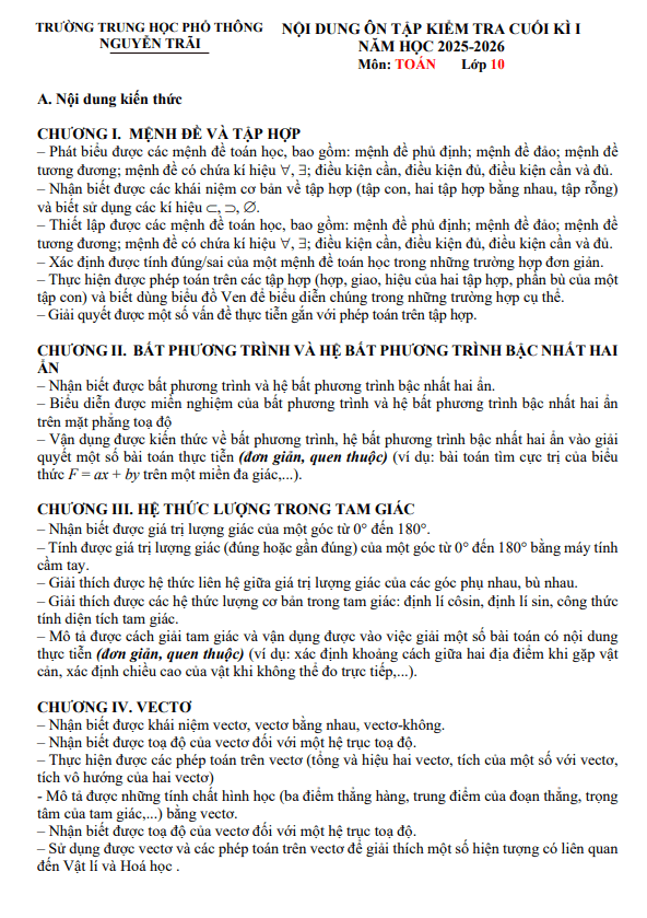 ôn tập cuối kì 1 toán 10 năm 2025 – 2026 trường thpt nguyễn trãi – đà nẵng