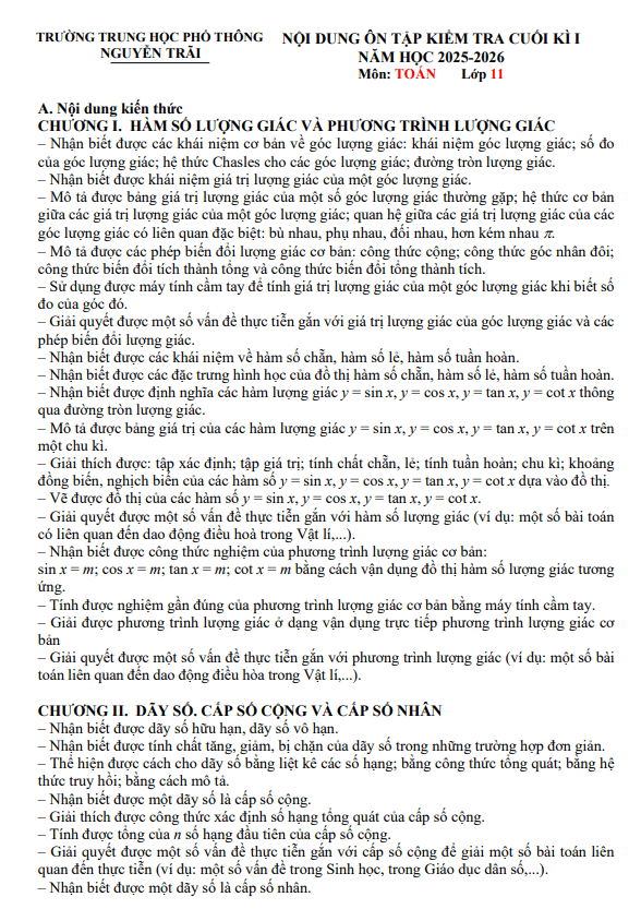 ôn tập cuối kì 1 toán 11 năm 2025 – 2026 trường thpt nguyễn trãi – đà nẵng
