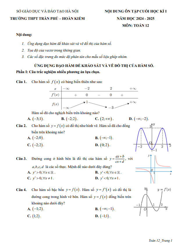 ôn tập cuối kì 1 toán 12 năm 2024 – 2025 trường thpt trần phú – hà nội