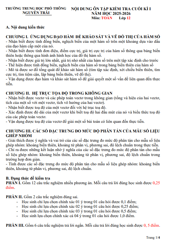 ôn tập cuối kì 1 toán 12 năm 2025 – 2026 trường thpt nguyễn trãi – đà nẵng