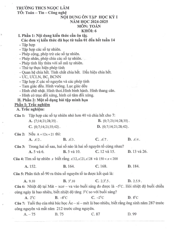 ôn tập cuối kì 1 toán 6 năm 2024 – 2025 trường thcs ngọc lâm – hà nội