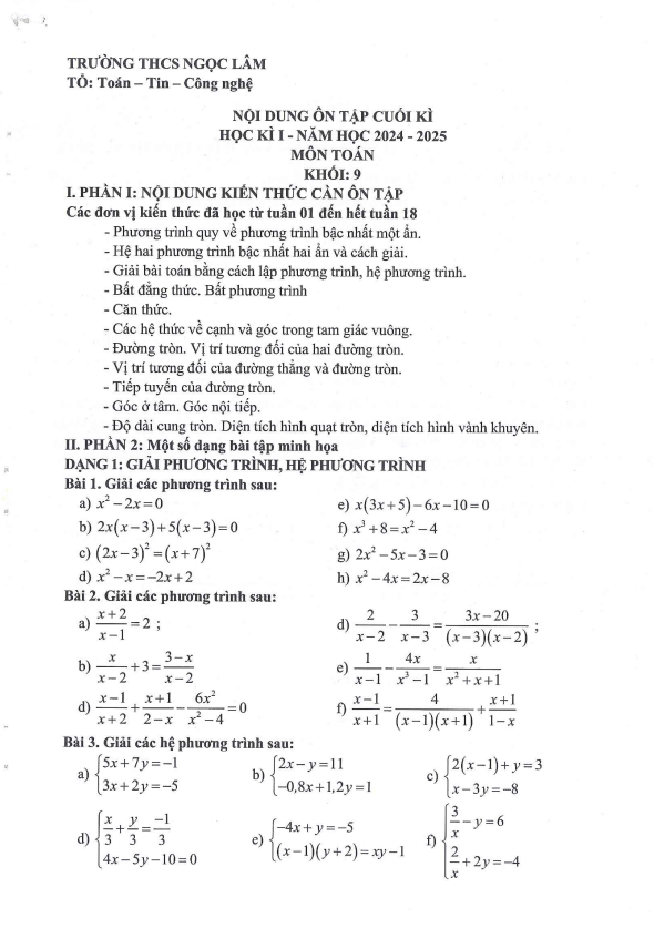 ôn tập cuối kì 1 toán 9 năm 2024 – 2025 trường thcs ngọc lâm – hà nội