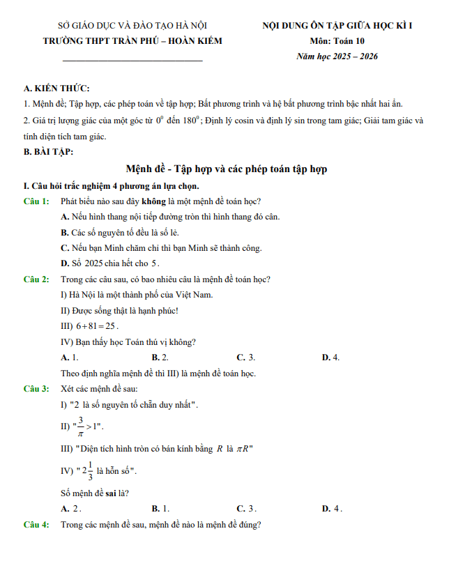 ôn tập giữa học kì 1 toán 10 năm 2025 – 2026 trường thpt trần phú – hà nội