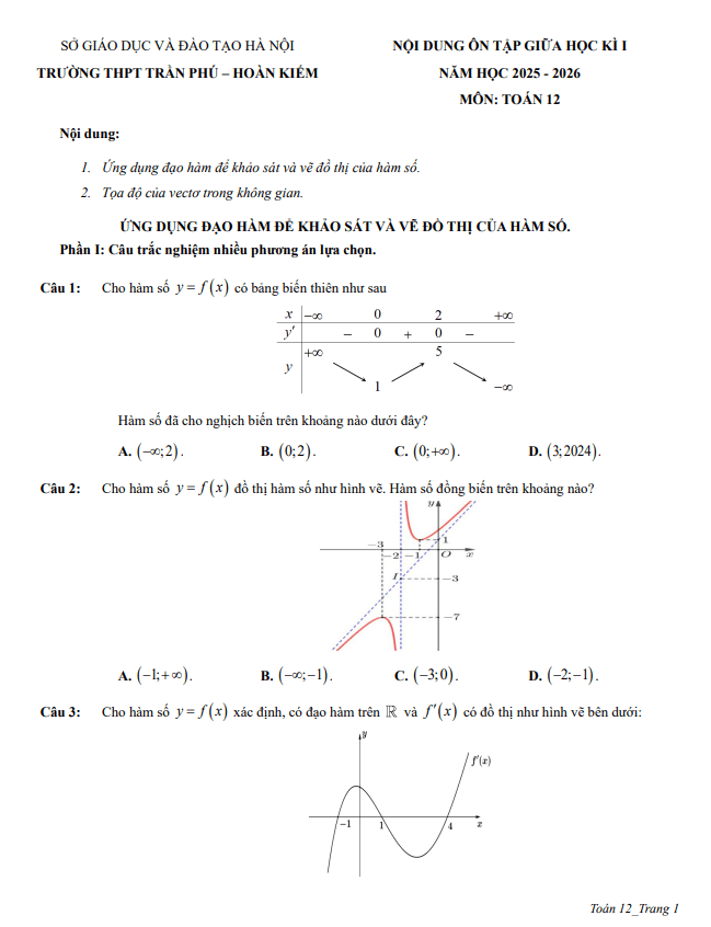 ôn tập giữa học kì 1 toán 12 năm 2025 – 2026 trường thpt trần phú – hà nội