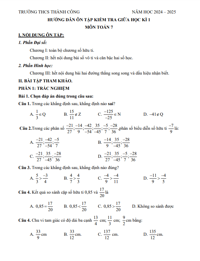ôn tập giữa học kì 1 toán 7 năm 2024 – 2025 trường thcs thành công – hà nội