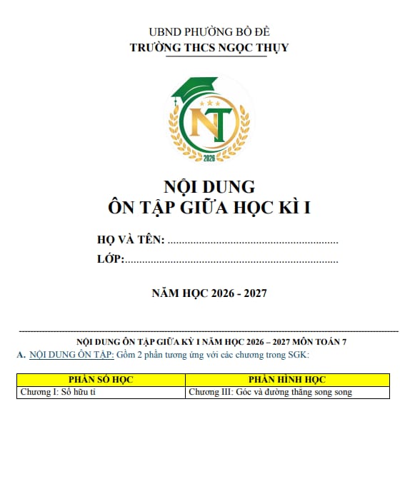 ôn tập giữa học kì 1 toán 7 năm 2026 – 2027 trường thcs ngọc thụy – hà nội